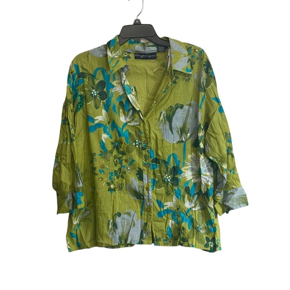 Y2K Angelique XL Floral V-Neck Button Shirt Sequin Embellished Whimsigoth Fairy